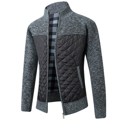 Stylish blue grey men's quilted zipper jacket, designed with a sophisticated stand-up collar for a modern yet classic look.