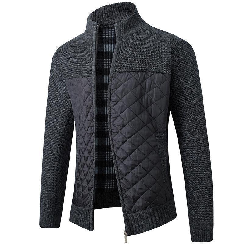 Luxurious men's stand collar thickened quilted zipper jacket in a stylish black colour, perfect for spring, autumn, and winter wear. This elegant piece is available in sizes S to 3XL, showcasing a contemporary design with slit side pockets and a sophisticated stand-up collar.