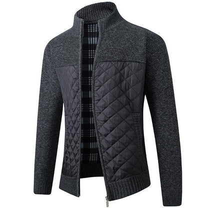 Luxurious men's stand collar thickened quilted zipper jacket in a stylish black colour, perfect for spring, autumn, and winter wear. This elegant piece is available in sizes S to 3XL, showcasing a contemporary design with slit side pockets and a sophisticated stand-up collar.