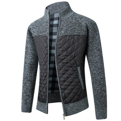 Exquisite wine red men's quilted zipper jacket, designed with a stand collar for a luxurious touch to winter attire.