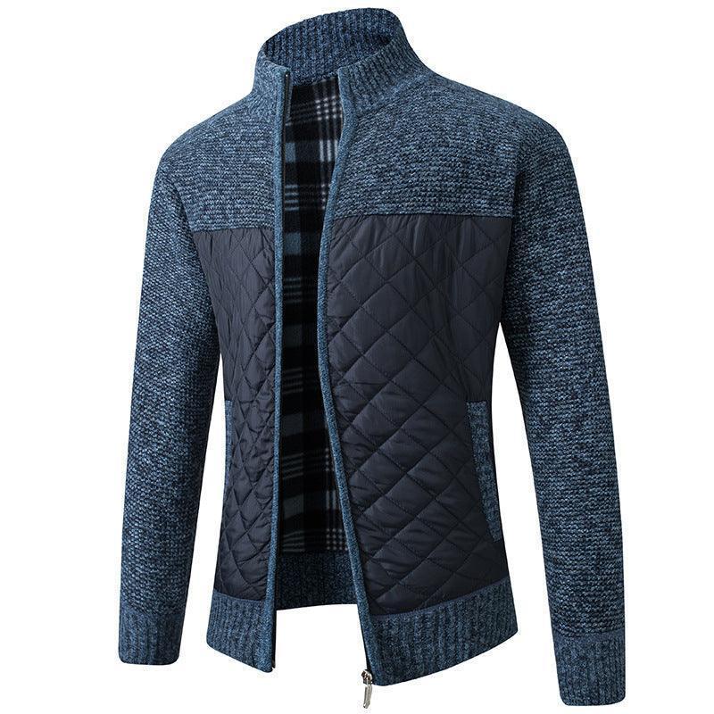 Luxurious men's stand collar quilted jacket with zipper, featuring thickened padding for ultimate warmth, showcased in elegant black.