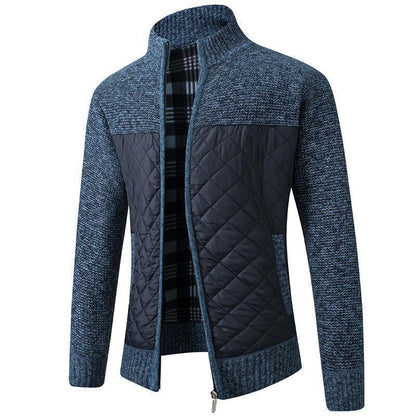 Luxurious men's stand collar quilted jacket with zipper, featuring thickened padding for ultimate warmth, showcased in elegant black.