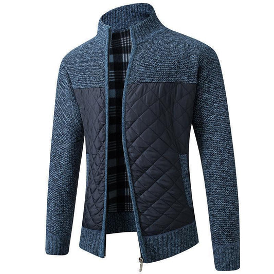 Luxurious men's stand collar quilted jacket with zipper, featuring thickened padding for ultimate warmth, showcased in elegant black.
