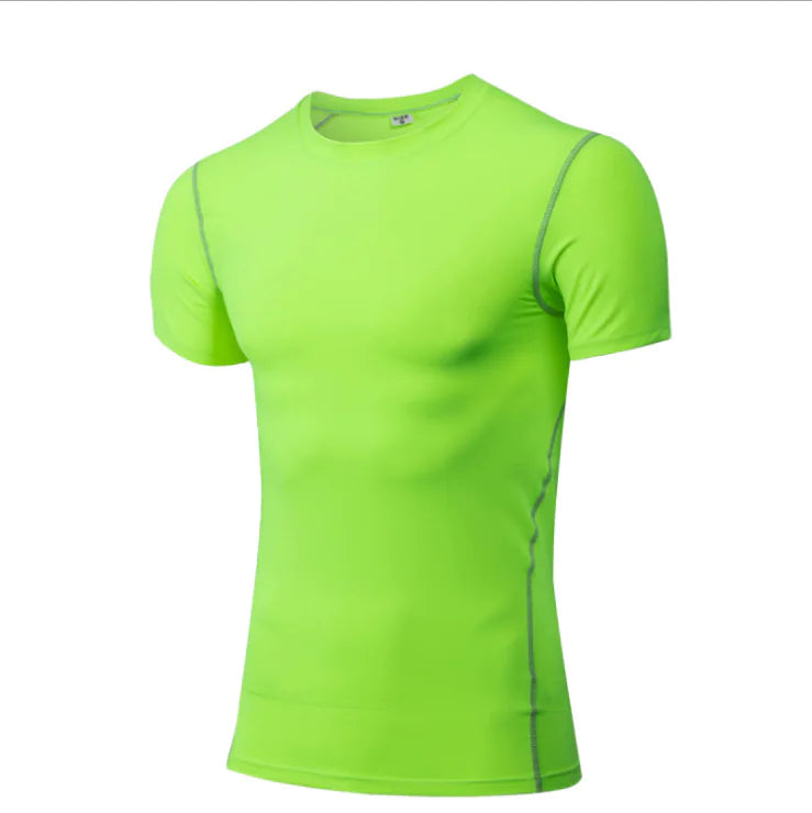 Vibrant green premium athletic compression short sleeve t-shirt, perfect for dynamic fitness experiences and everyday wear.