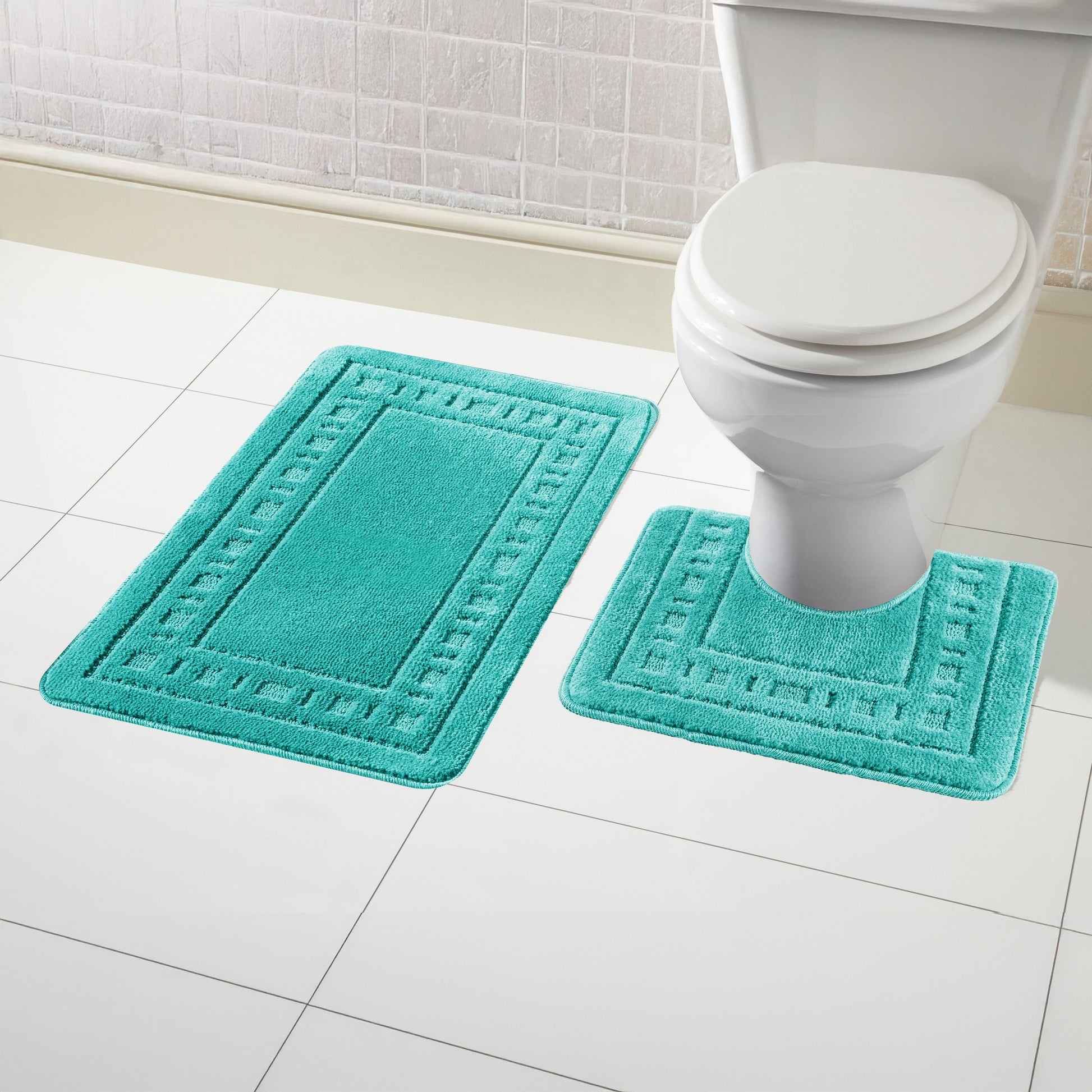 Luxurious Miami 2 Piece Duck Egg Bath Mat Set featuring non-slip backing and soft textured surface, elegantly displayed in a stylish bathroom setting.