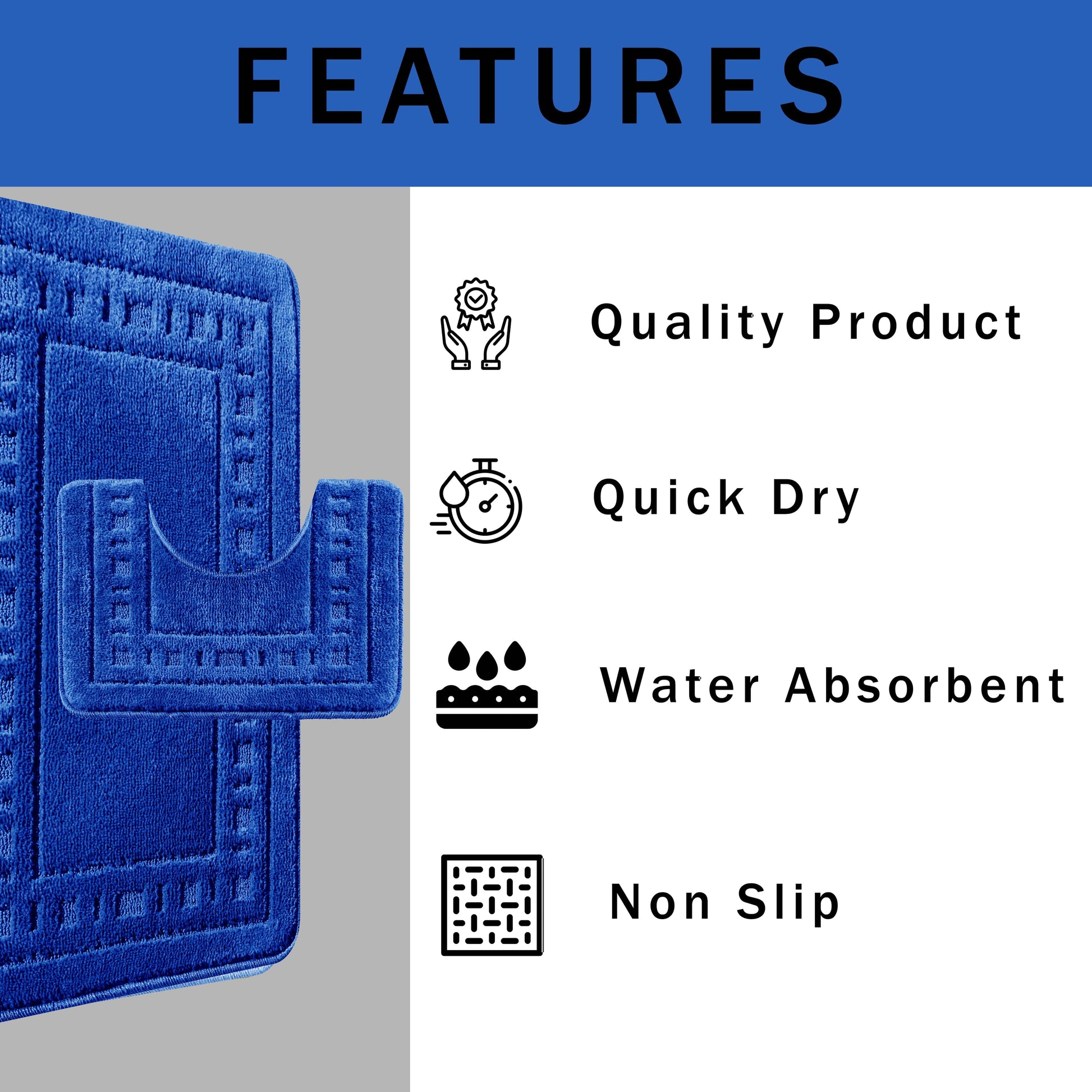Stylish presentation of the Miami 2 Piece Bath Mat & Pedestal Set in royal blue, highlighting its absorbent fabric and modern design, the perfect indulgence for a luxurious bathing experience.