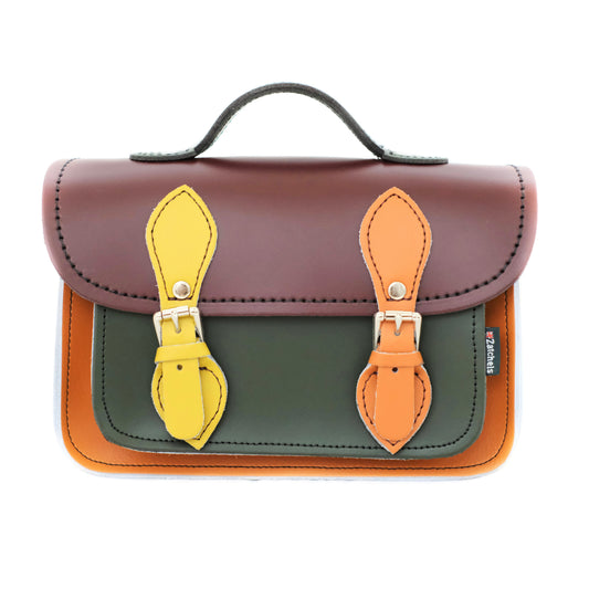Handmade Micro Satchel Plus featuring exquisite Autumnal Kaleidoscope Leather in vibrant colours like Marsala Red and Ivy Green, showcasing unique craftsmanship and style.