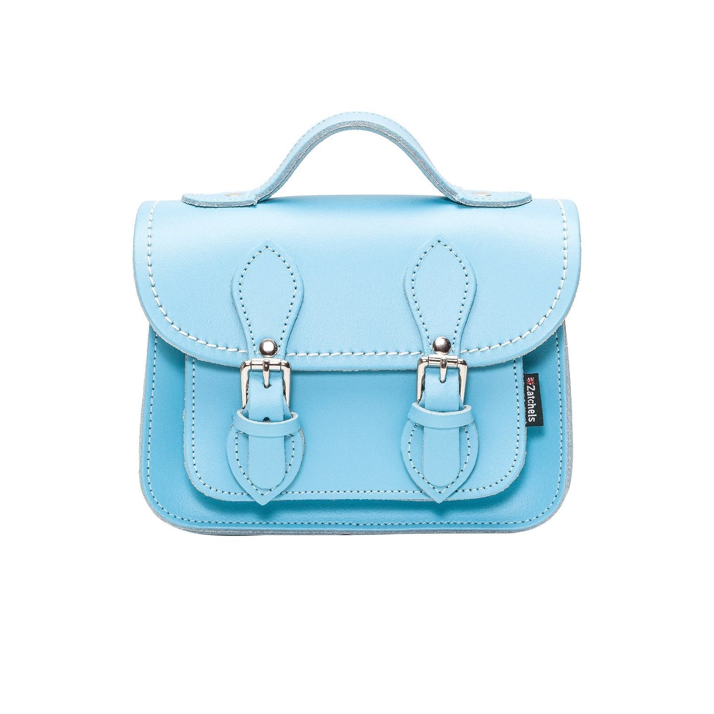 Luxurious handmade leather micro satchel in pastel baby blue with adjustable detachable strap, ideal for both casual and sophisticated occasions.