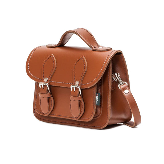Luxury Handmade Leather Micro Satchel in rich Chestnut shade, showcasing fine craftsmanship and elegant nickel silver buckles.
