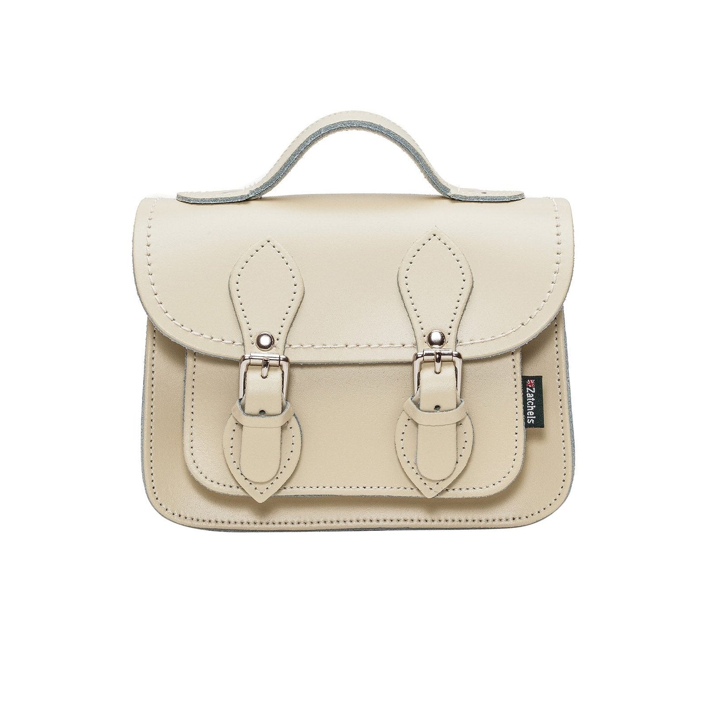 Zatchels Handmade Leather Micro Satchel in Pastel Cream, showcasing premium leather craftsmanship and chic nickel silver buckles, perfect for adding elegance to any outfit.
