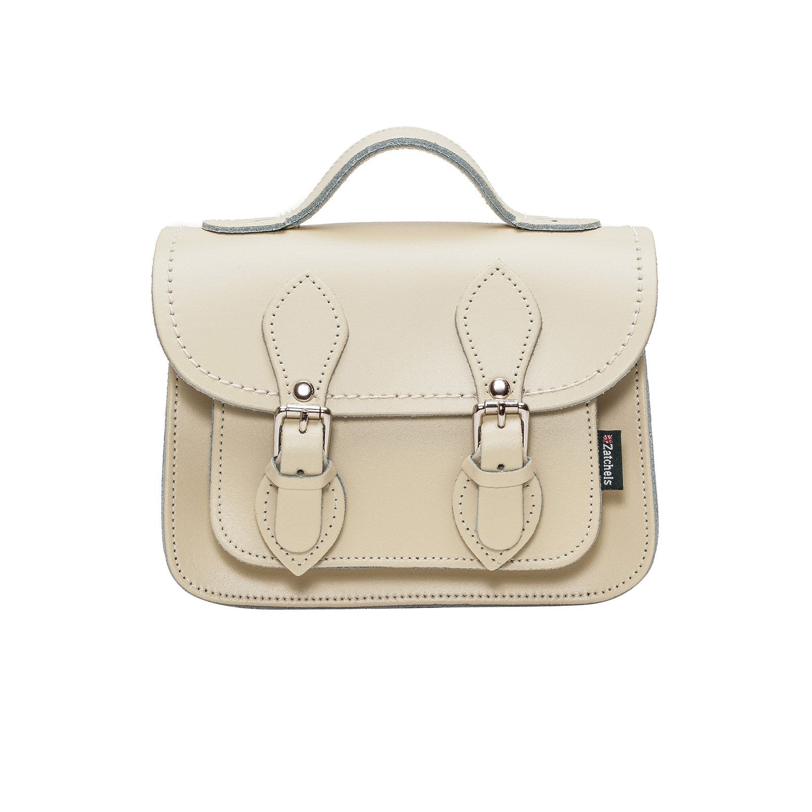 Zatchels Handmade Leather Micro Satchel in Pastel Cream, showcasing premium leather craftsmanship and chic nickel silver buckles, perfect for adding elegance to any outfit.