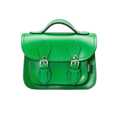 Elegant Handmade Green Leather Micro Satchel showcasing a chic mini design, featuring adjustable strap and nickel silver buckles for a luxurious touch.