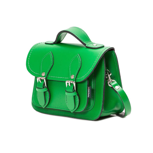 Close-up view of the Handmade Green Leather Micro Satchel, highlighting the fine craftsmanship and quality genuine leather finish.
