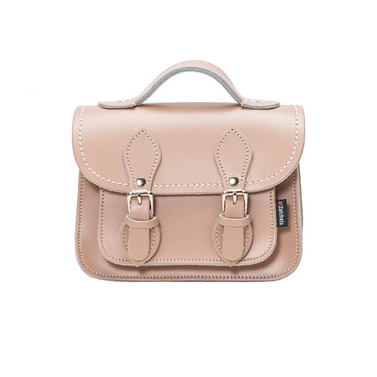 Elegant Iced Coffee Handmade Leather Micro Satchel showcased in Size Plus, highlighting its luxurious craftsmanship with fine leather, chic nickel silver buckles and meticulous stitching for fashion-forward style.