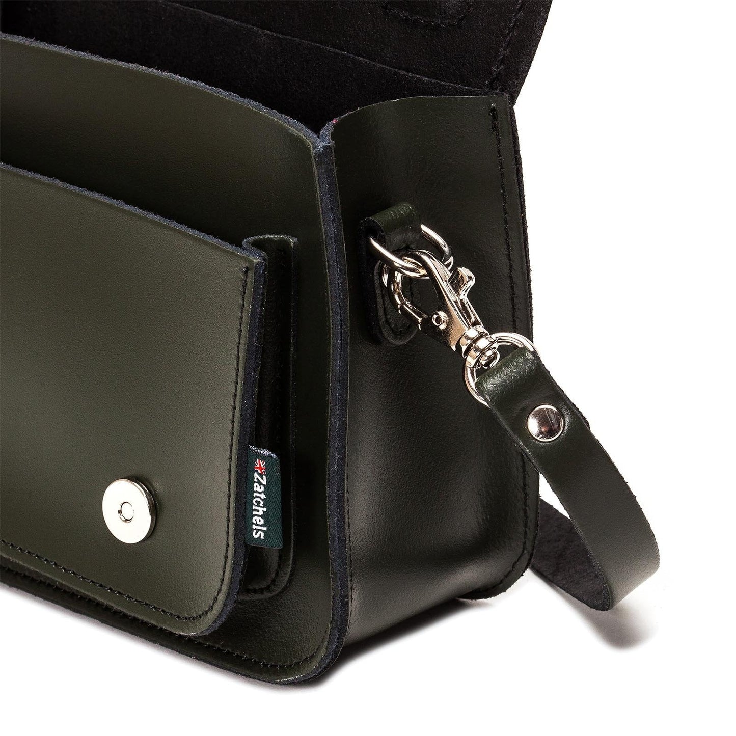 Close-up of the elegant nickel silver buckles on the Handmade Ivy Green Leather Micro Satchel, representing exquisite craftsmanship.