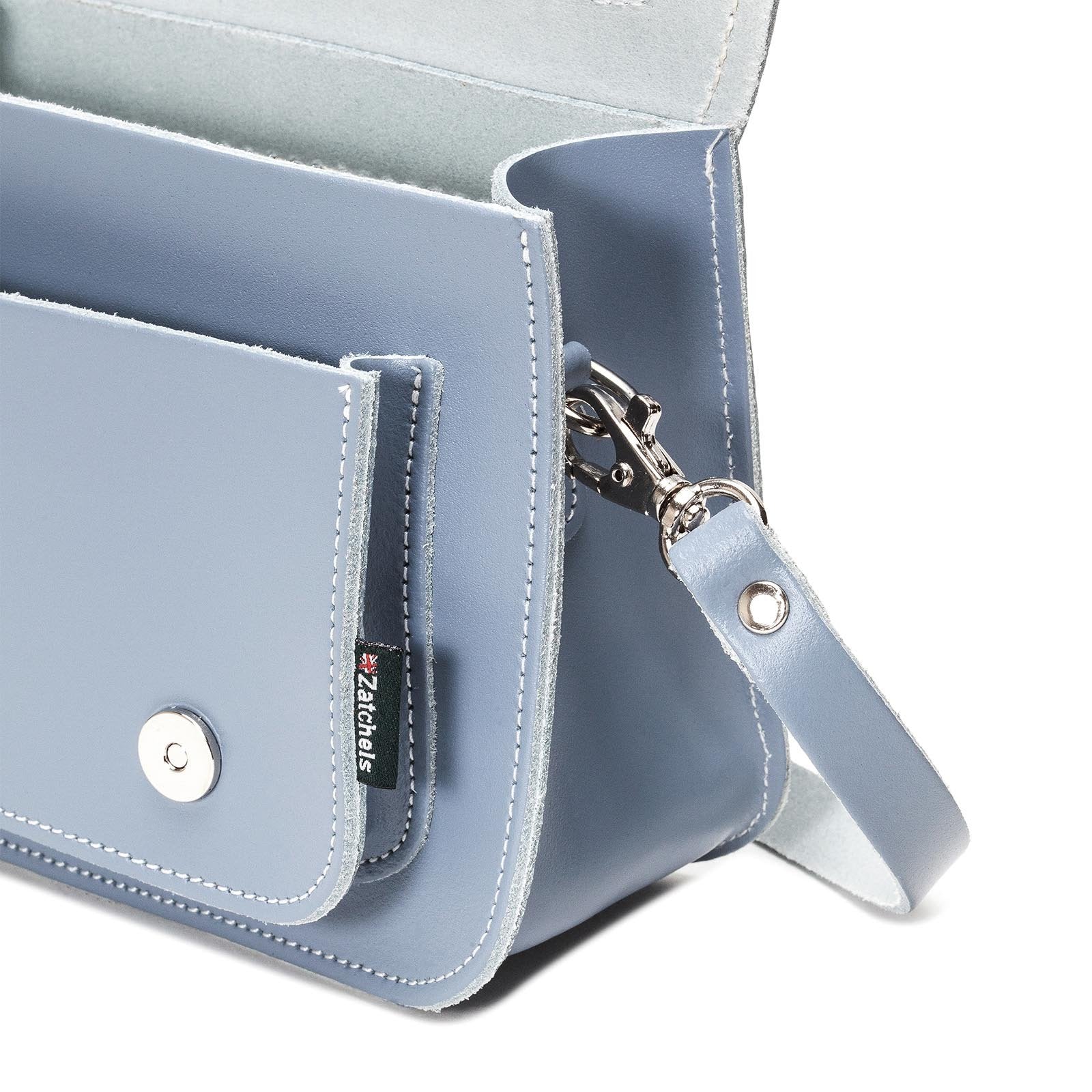 Zatchels Handmade Micro Satchel in Lilac Grey, featuring nickel silver buckles and concealed magnetic fastenings for elegant functionality.
