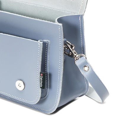 Zatchels Handmade Micro Satchel in Lilac Grey, featuring nickel silver buckles and concealed magnetic fastenings for elegant functionality.