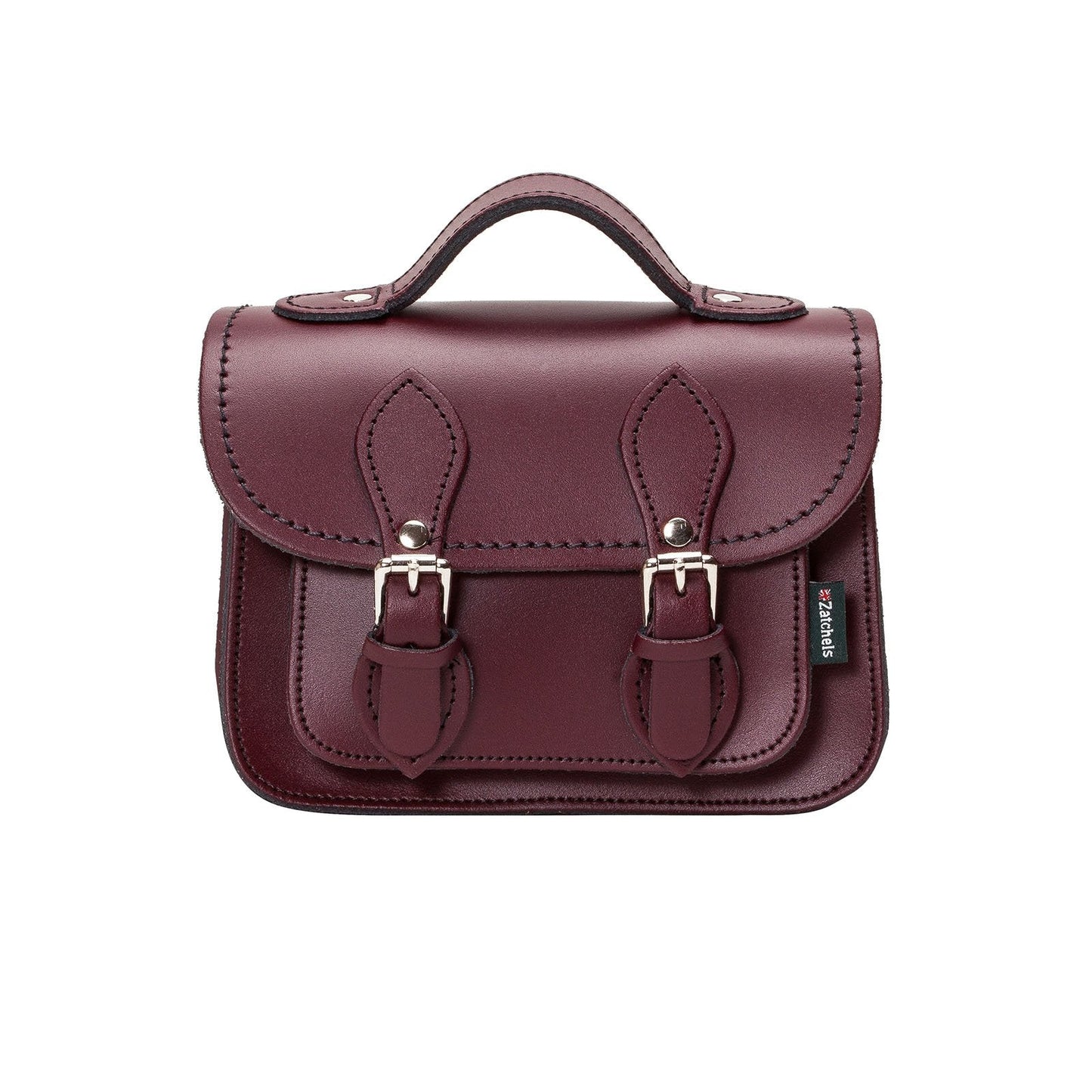 Handmade Marsala Red Leather Micro Satchel showcasing premium craftsmanship with intricate matching stitching and nickel silver buckles.
