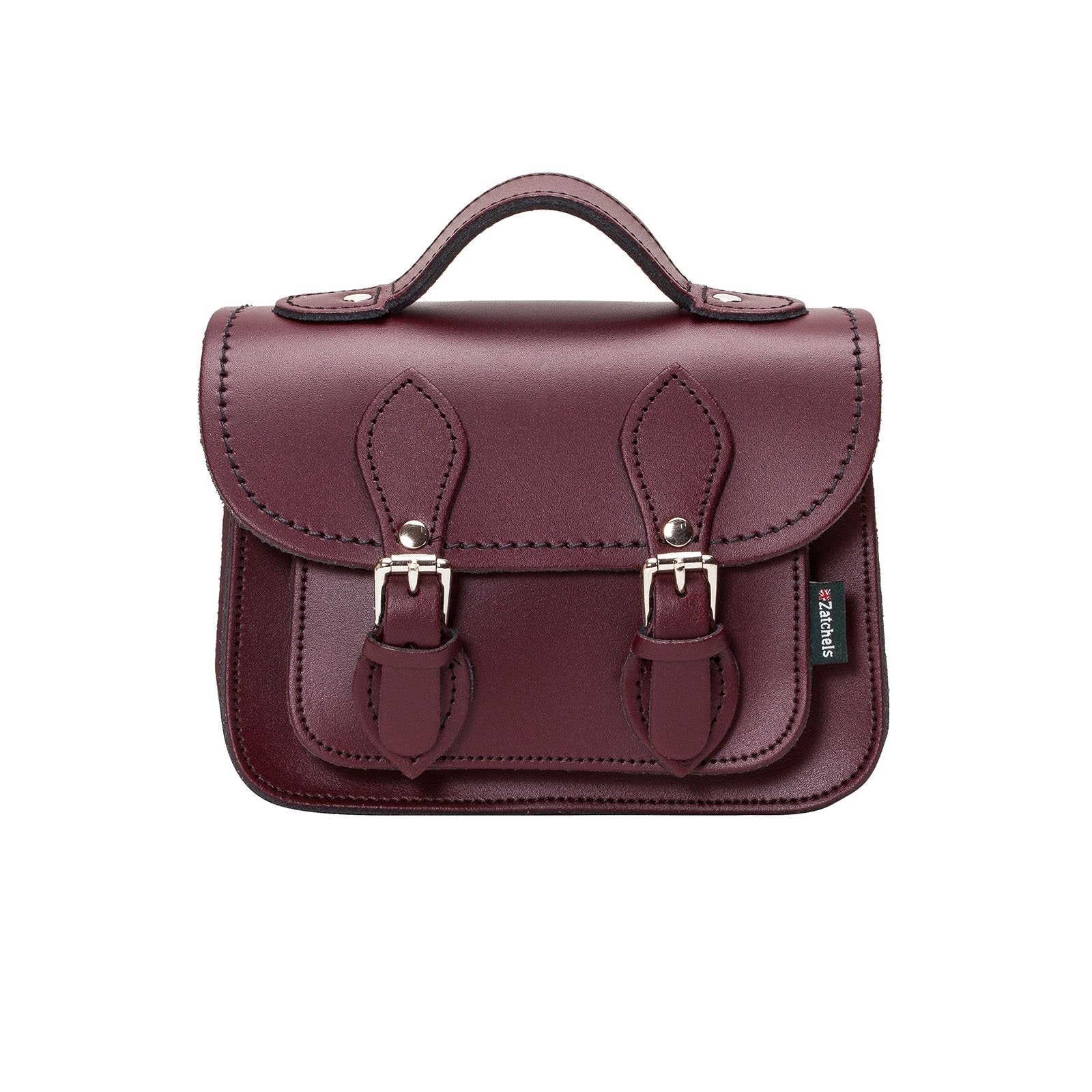 Handmade Marsala Red Leather Micro Satchel showcasing premium craftsmanship with intricate matching stitching and nickel silver buckles.