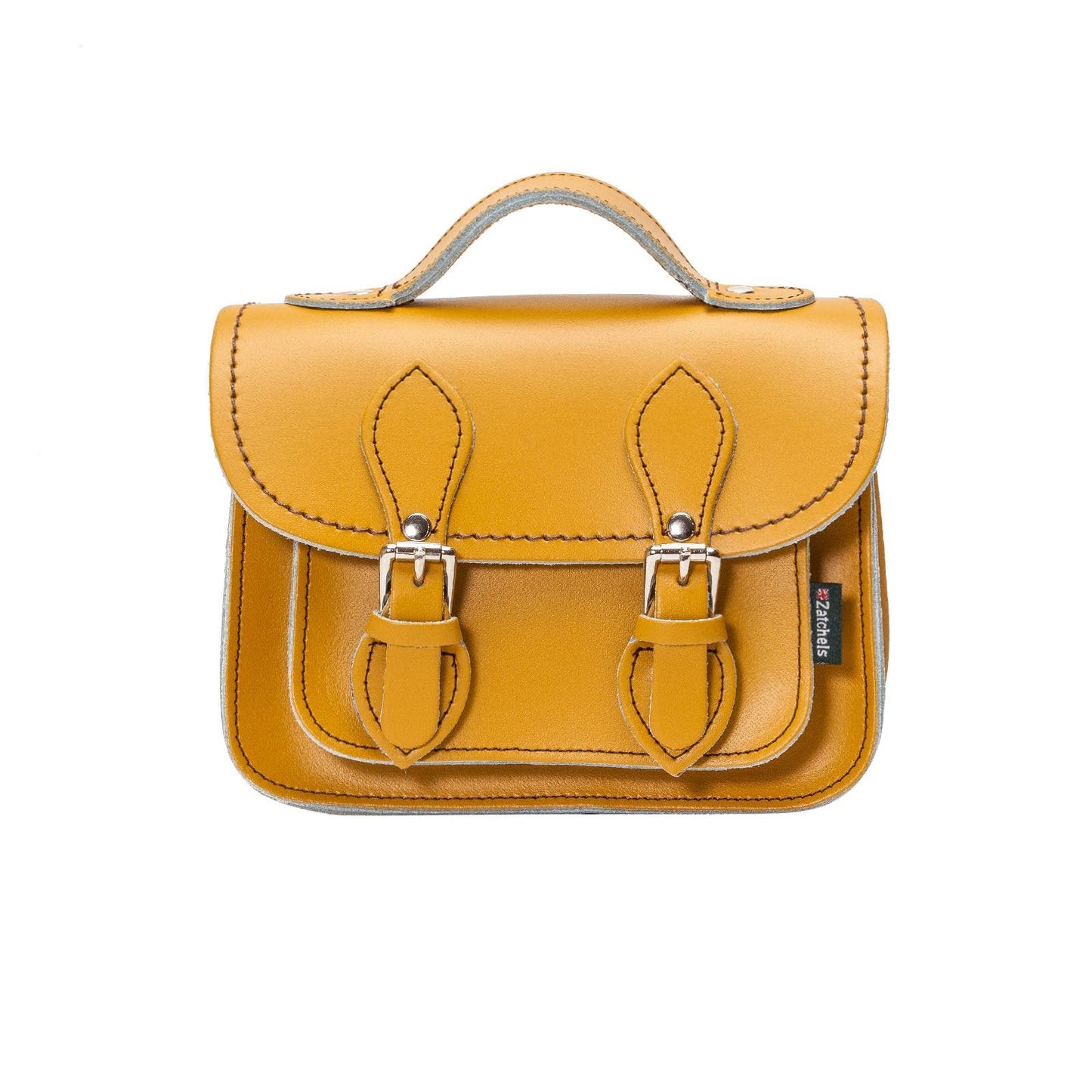 Handmade Yellow Ochre Leather Micro Satchel displayed elegantly on a model, showcasing its exquisite craftsmanship and stylish design, perfect for luxury fashion enthusiasts.