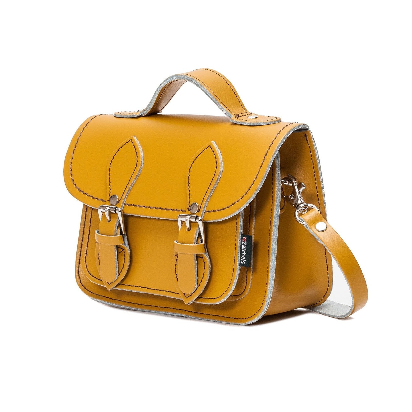 Close-up view of the Handmade Yellow Ochre Leather Micro Satchel detailing the adjustable and detachable strap, highlighting versatility in styling for any occasion.