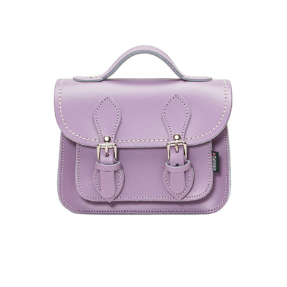 Luxury Handmade Leather Micro Satchel in Pastel Violet with adjustable strap, showcasing exquisite craftsmanship and timeless elegance.