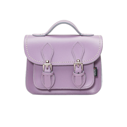 Luxury Handmade Leather Micro Satchel in Pastel Violet with adjustable strap, showcasing exquisite craftsmanship and timeless elegance.