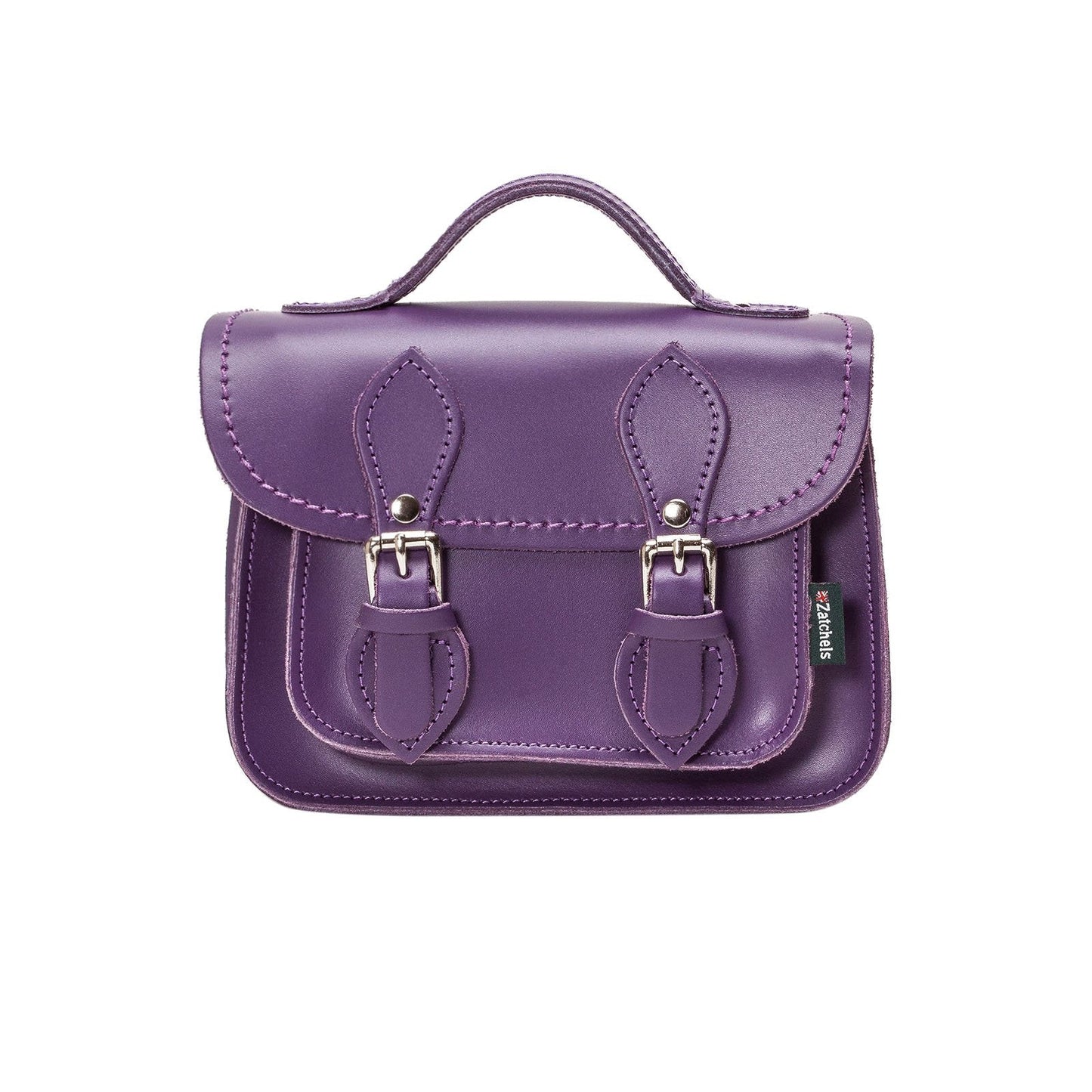 Luxurious Handmade Purple Leather Micro Satchel showcased with adjustable strap, epitomising elegance and functionality, perfect for stylish outings.
