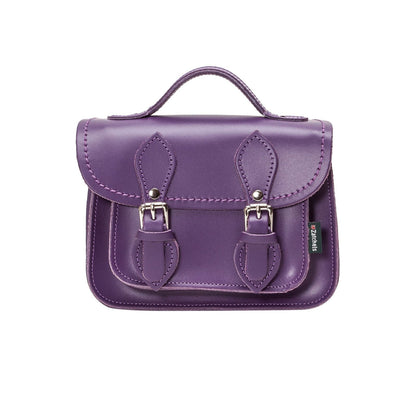 Luxurious Handmade Purple Leather Micro Satchel showcased with adjustable strap, epitomising elegance and functionality, perfect for stylish outings.