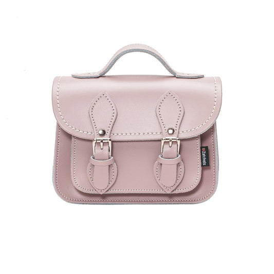 Elegant Handmade Rose Quartz Leather Micro Satchel featuring a luxurious rose quartz hue and polished nickel silver buckles, embodying sophistication and style.