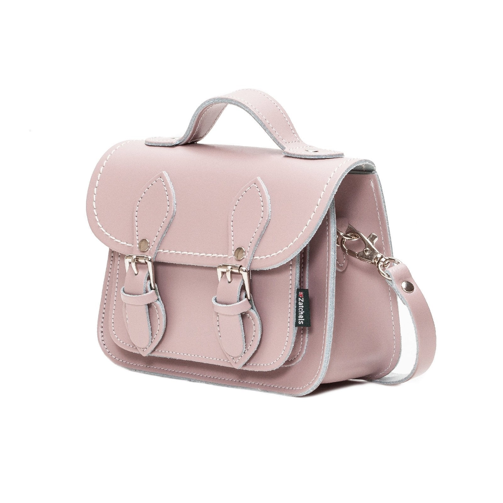 Chic Handmade Rose Quartz Leather Micro Satchel showcasing fine craftsmanship with matching stitching, designed for practicality and luxury.