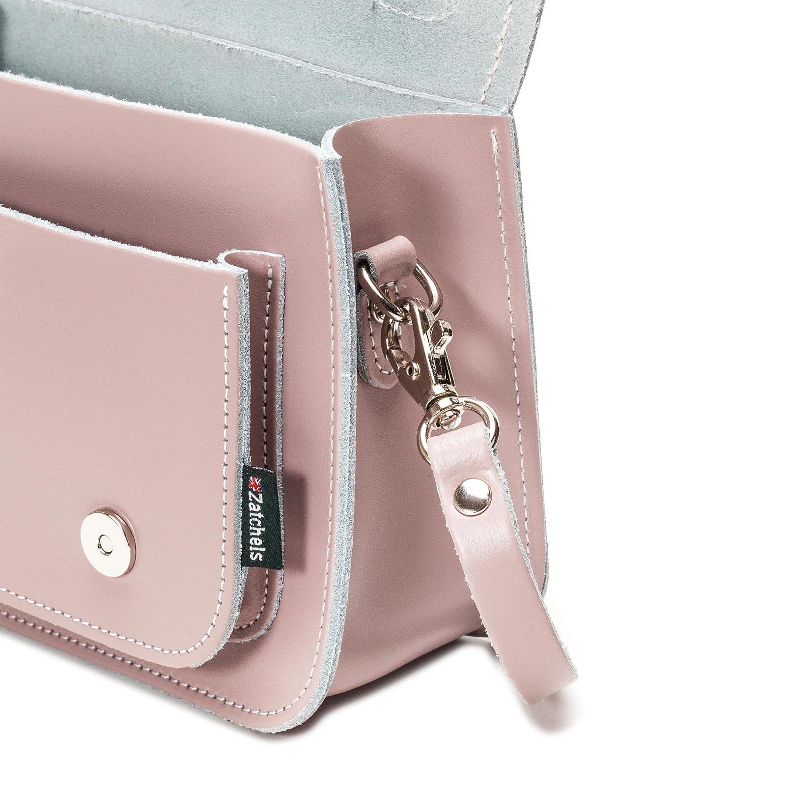 Stylish Handmade Rose Quartz Leather Micro Satchel, perfect for day-to-night transitions, accommodating larger smartphones without compromising elegance.