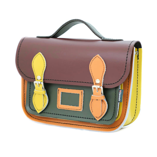 Handmade leather midi satchel in vibrant Autumnal Kaleidoscope design featuring Marsala Red, Ivy Green, Burnt Orange, and Yellow Ochre panels, showcasing exquisite craftsmanship.