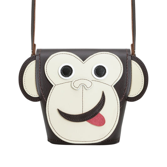 Mikey Monkey Handmade Leather Barrel Bag showcasing intricate appliqued monkey face design, adjustable strap, and luxurious artisan craftsmanship, dimensions 16cm x 10.5cm.