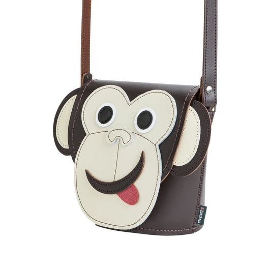 Mikey Monkey Handmade Leather Barrel Bag featuring exquisite appliqued monkey design, showcasing the premium craftsmanship and vibrant colours, ideal for fashion enthusiasts.
