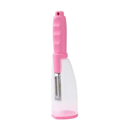 Elegant multifunctional stainless steel peeler with a pink ergonomic handle, designed for effortless vegetable peeling and storage, showcasing modern kitchen aesthetics.
