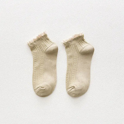 Close-up of Kawaii Women’s Frilly Ruffle Socks by Dazzling Dreams Studio, highlighting soft cotton texture and delicate frill details ideal for a fashion-forward wardrobe.