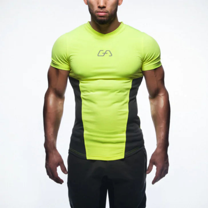 Luxuriously designed quick-dry compression T-shirt in vibrant neon green, showcasing a modern fit ideal for athletic performance and training.