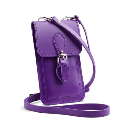 Luxury Handmade Purple Leather Mobile Phone Pouch from Zatchels, showcasing its elegant design and adjustable crossbody strap.