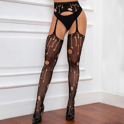 Elegant Women's Sexy Fishnet Stockings for Stylish Outfits and Confidence, featuring a unique grid pattern with circular cut-outs, ideal for adding a chic and playful twist to evening wear.