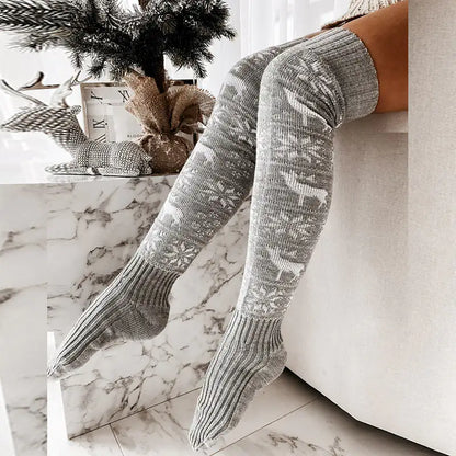 Stylish CozyClaus Women's Festive X-Mas Stockings in a sophisticated grey colour, featuring delightful reindeer motifs, ideal for luxury holiday decor.