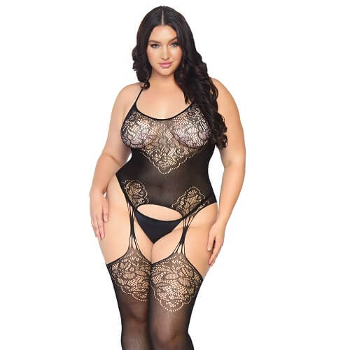 Luxurious Plus Size Lace Suspender Bodystocking featuring a seamless jacquard net with attached stockings, showcasing its elegant design and stretchy lace fabric.