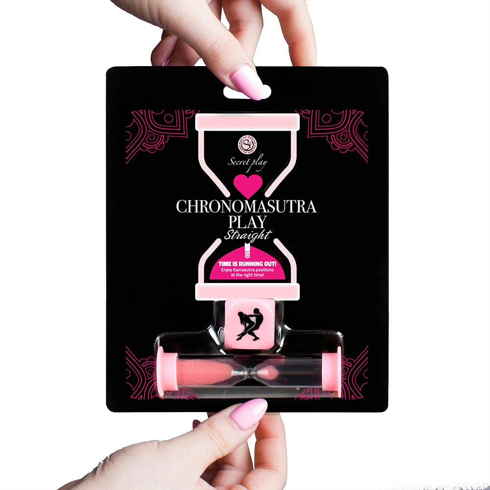 Chronomasutra Play Dice Game featuring an hourglass timer and Kamasutra dice for an exciting sensual challenge, ideal for couples looking to explore intimacy.