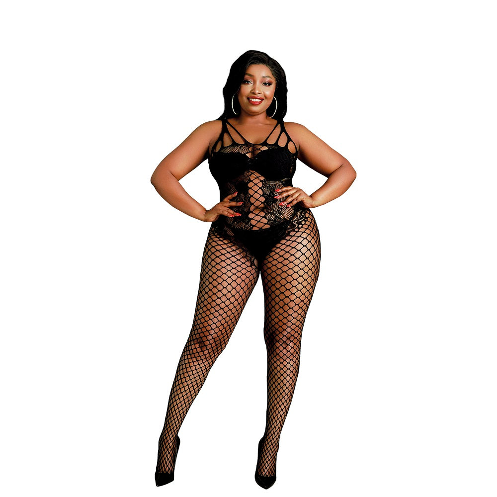 Elegant black plus size Moonlight Lace and Fishnet Corset Bodystocking, designed for a seductive fit, showcasing intricate lace detailing and flattering corset styling for sizes UK 18-24.