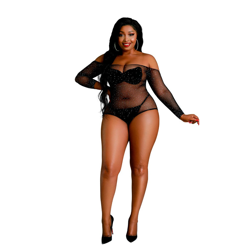 Luxurious Moonlight Black Off The Shoulder Sparkle Body Lingerie in Plus Size 18-24, designed to enhance curves and add sparkle for intimate and seductive nights.