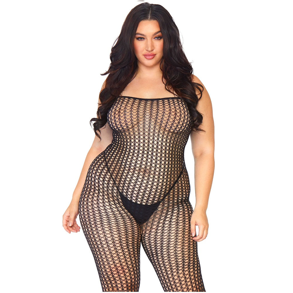 Elegant Leg Avenue Seamless Crochet Bodystocking in plus size, featuring delicate spaghetti straps and a seductive crotchless design, crafted from sumptuous stretchy nylon for the ultimate allure.