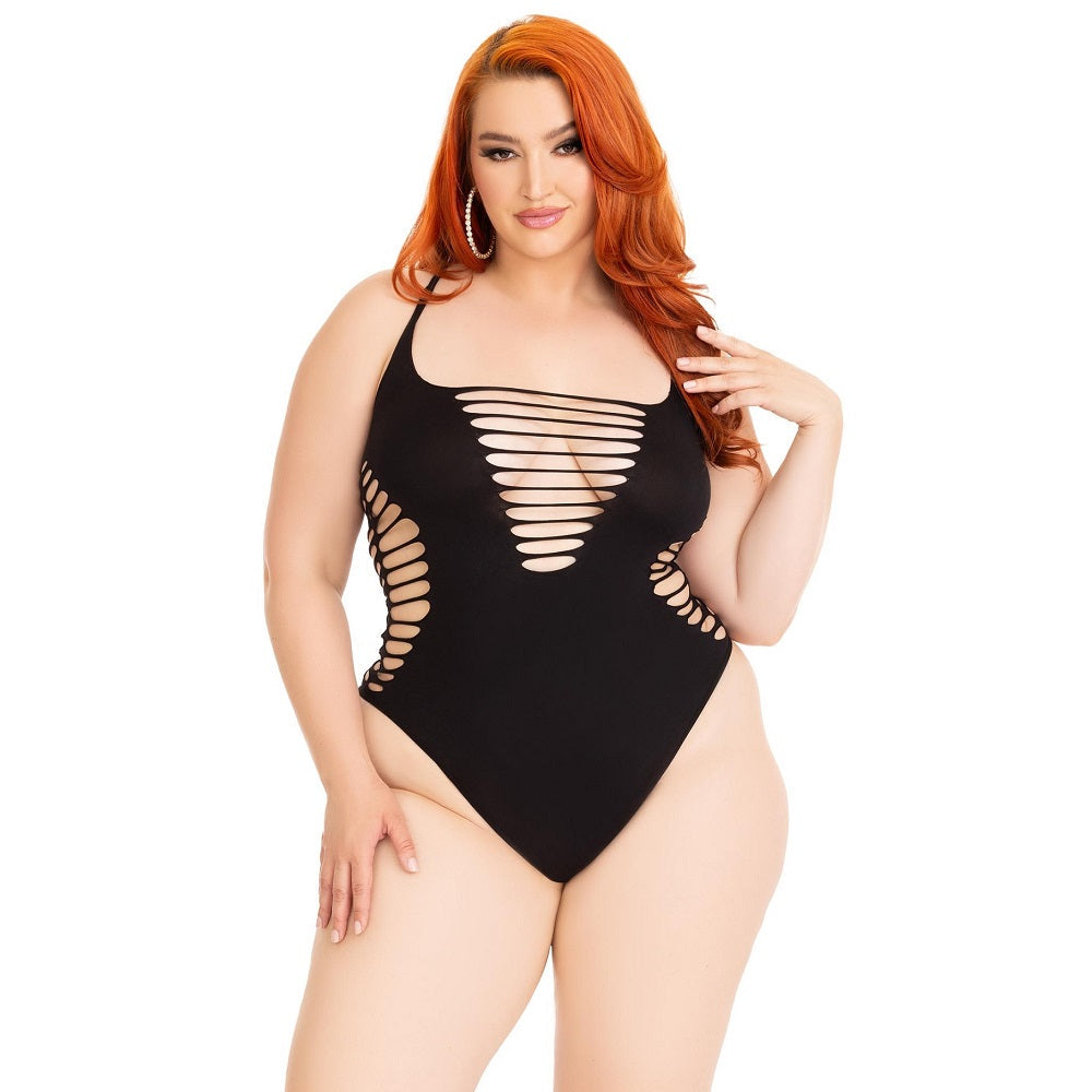 Luxurious Leg Avenue Plus Size Seamless Shredded Thong Bodysuit in Black, designed for sizes 14-18 with a chic racer back detail.