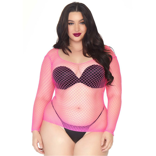 Luxurious Leg Avenue Plus Size Long Sleeved Neon Pink Industrial Net Top, designed for sizes 14-18, showcasing sleek style and exquisite craftsmanship, perfect as a chic cover-up.