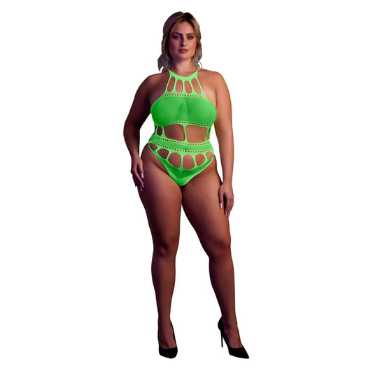 Luxury Glow In The Dark Cut Out Thong Bodysuit In Neon Green, featuring a Grecian style neckline and an eye-catching cut out design, perfect for parties and lingerie.