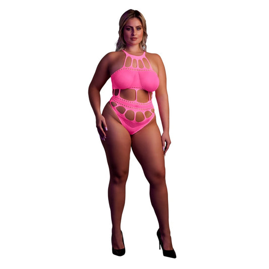 Luxurious neon pink plus size cut out thong bodysuit with glow in the dark design, featuring a Grecian style neckline and made from premium stretch material for a perfect fit. Ideal for parties or as exquisite lingerie.